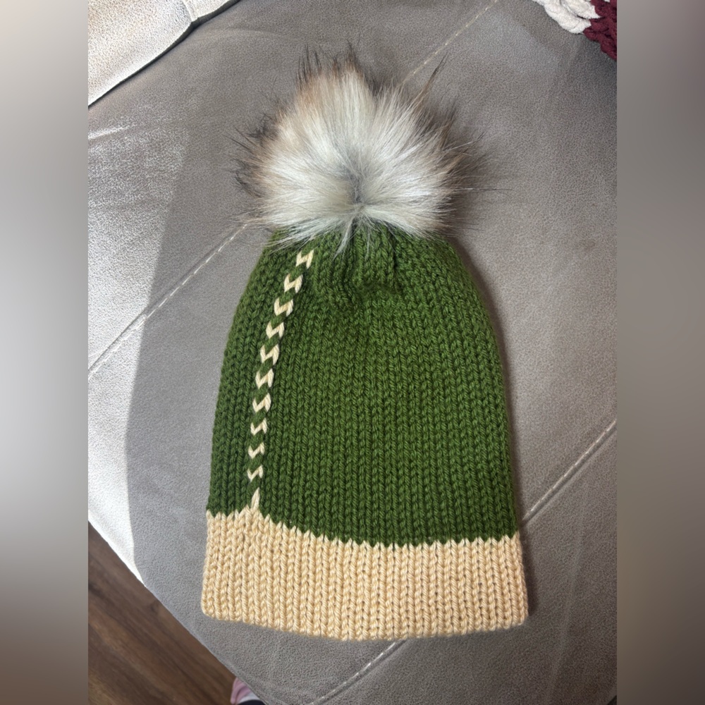 Green and Tan Knit Hat with Faux Fur Pom